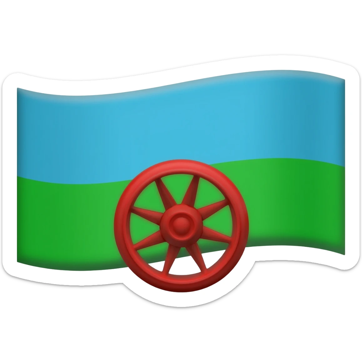 drapeau bande verte en desous bande bleu clair au dessus et roue de roulotte rouge au milieu sticker