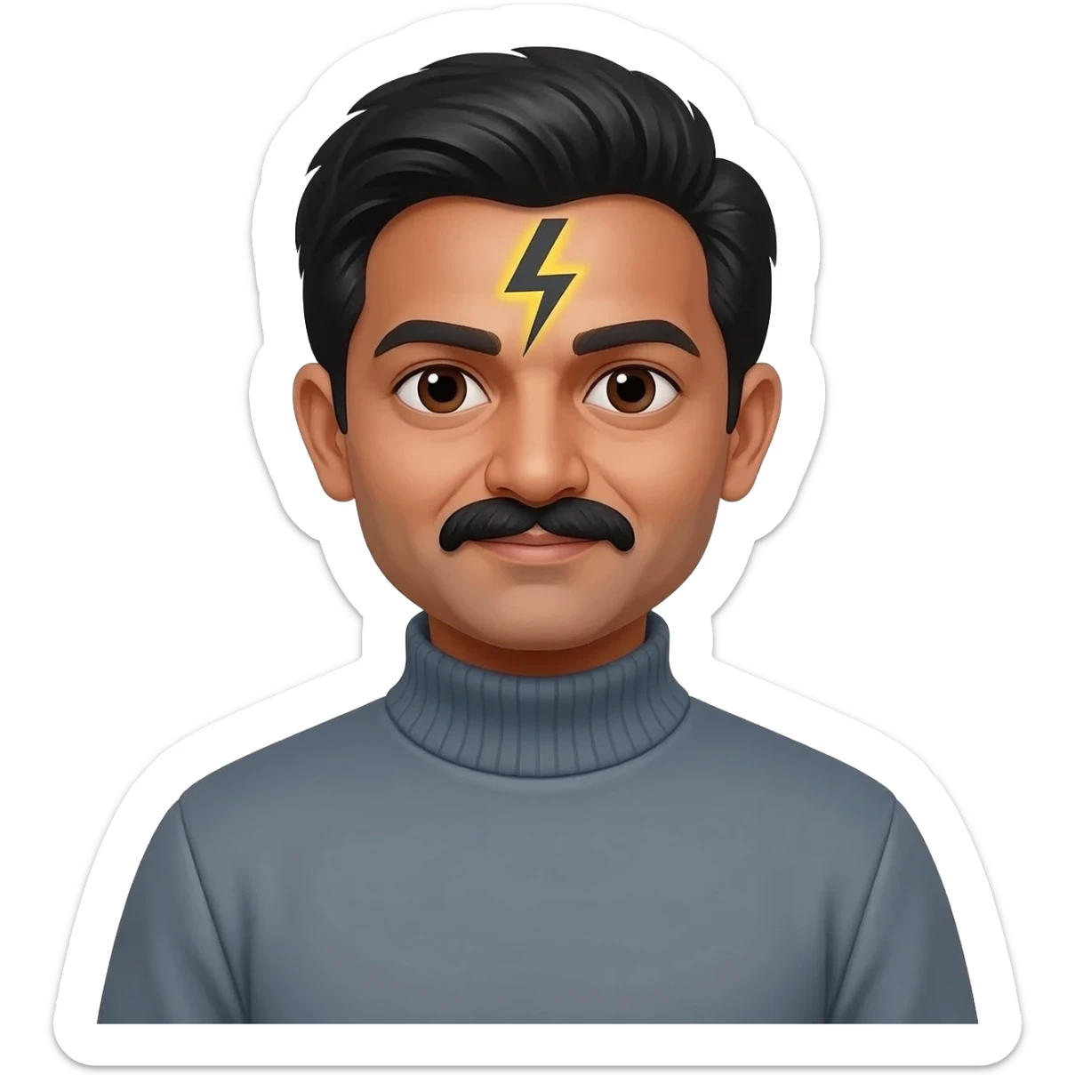 middle aged male indian primary school teacher without a moustache wearing a thick plain roller-neck jumper with a harry potter lightning  forehead mark sticker