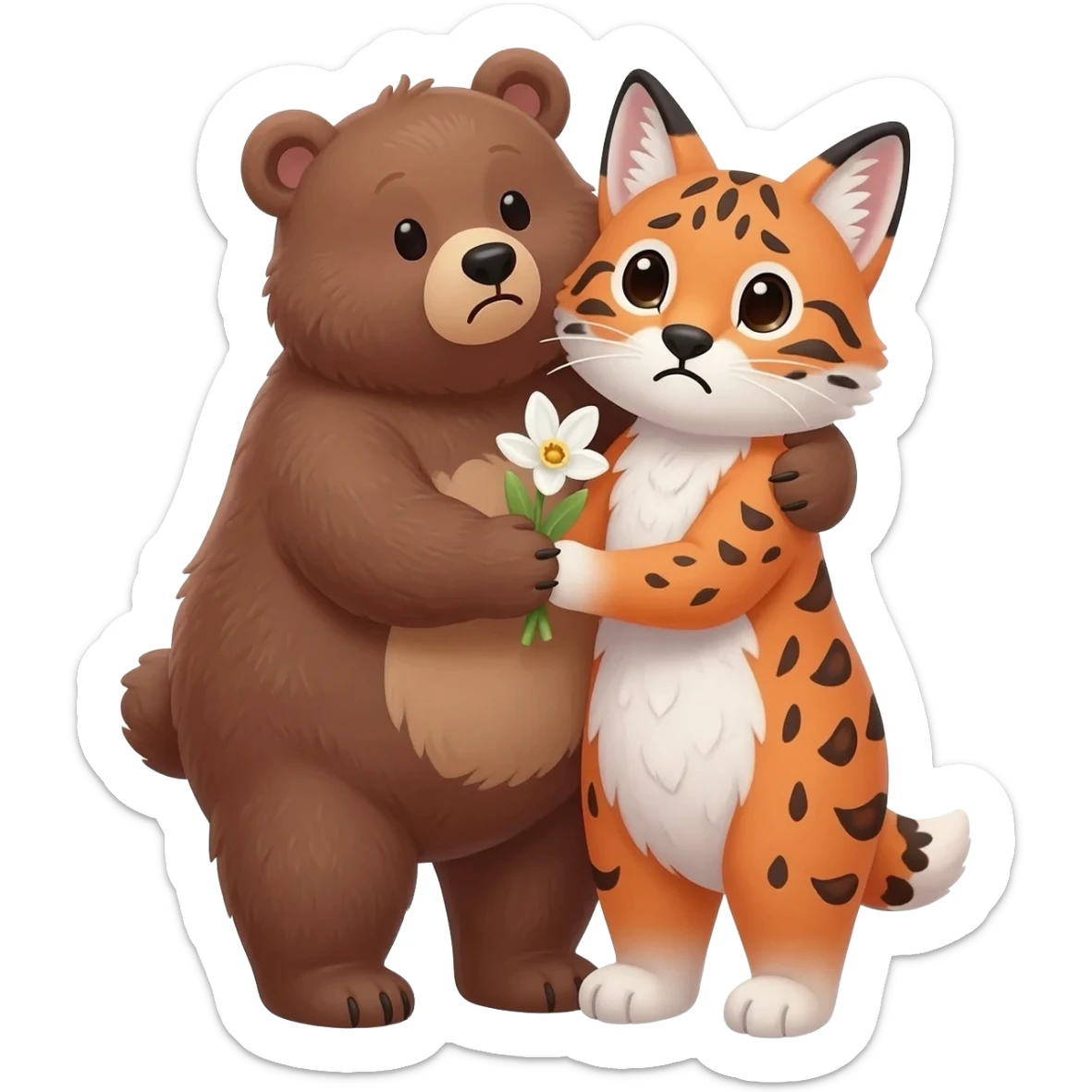 lovely bear hugs the nervouse lynx and gives her snowdrop flower sticker