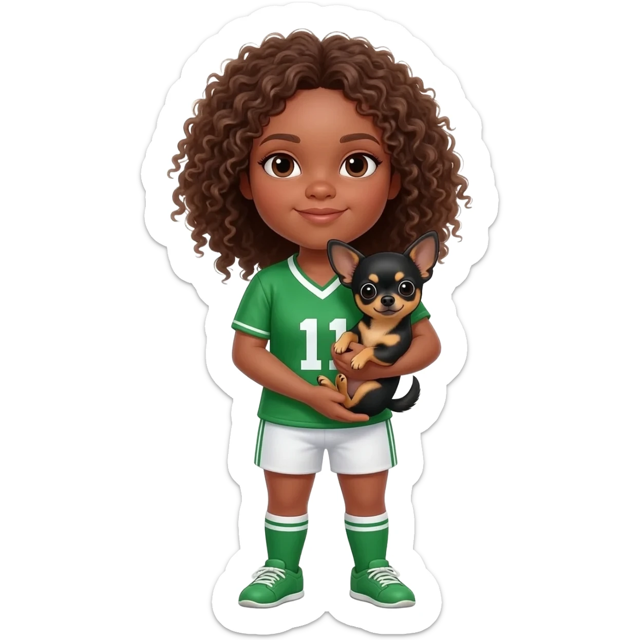 Une fille. Cheveux bouclée. Porte à maillot. Vert. Avec un chihuahua noir marron poil courut c'est une fille daisy et pour finir par apprend dans les brastous les 2. Avec sa maîtresse avec. Et moi mmatichienne sticker