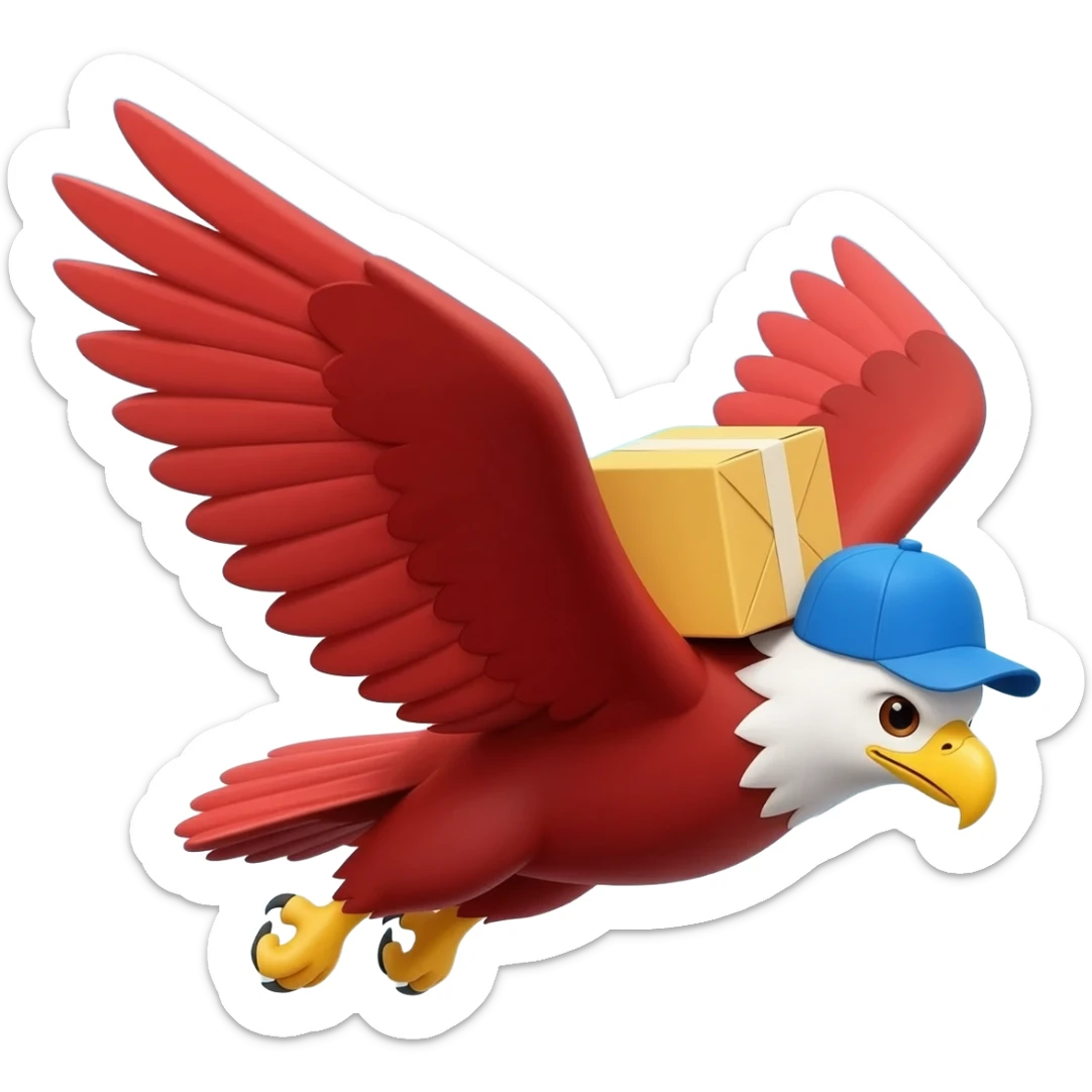 3D emoji of a cool red eagle wearing a blue delivery cap, flying fast with a yellow package, white background, high quality sticker style. sticker