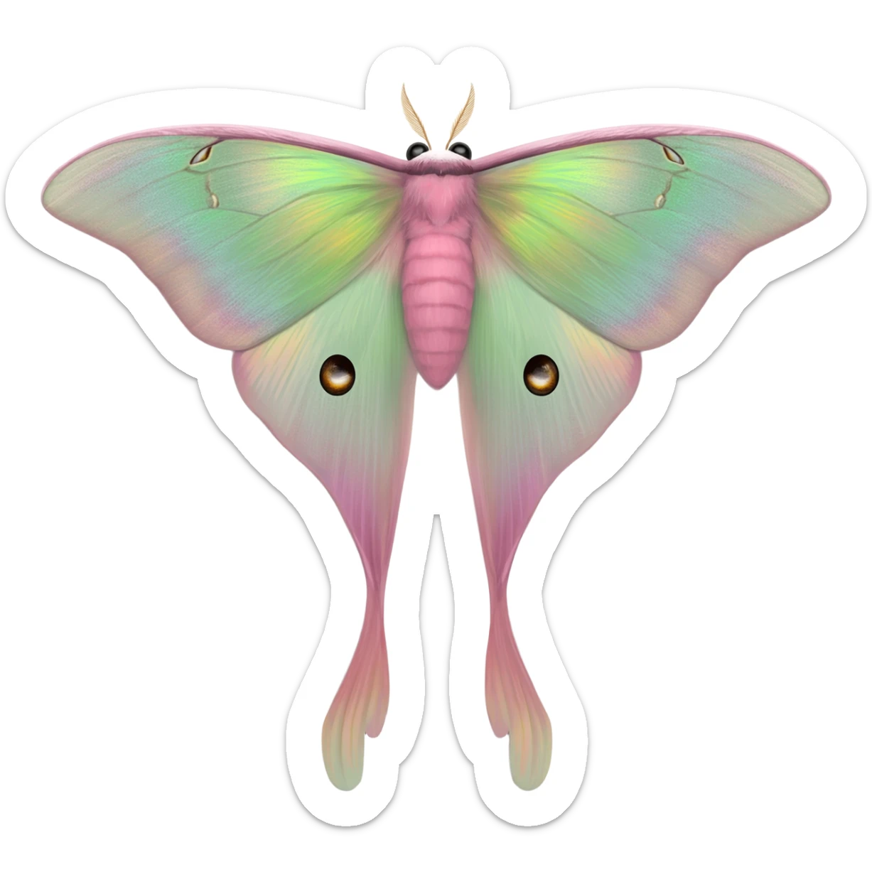 mainly light pink and green hybrid luna moth from above, with accurately detailed wings and colouring, long tendril like lower wings, and little black eyes on top of head sticker
