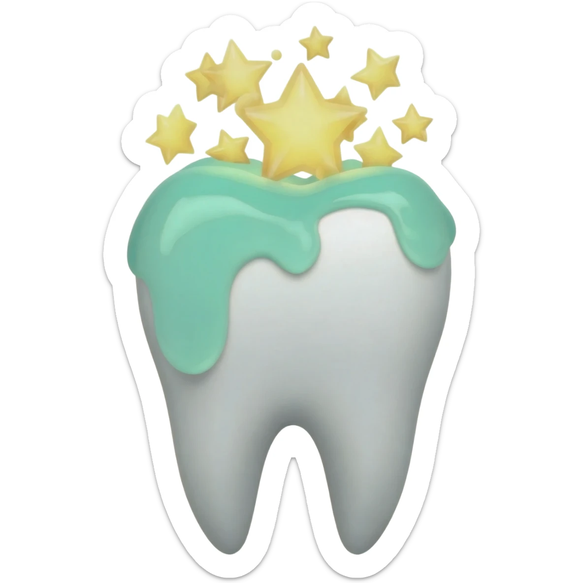 A white tooth being cleaned with watergreen foam and giving off golden shinning stars from the top sticker