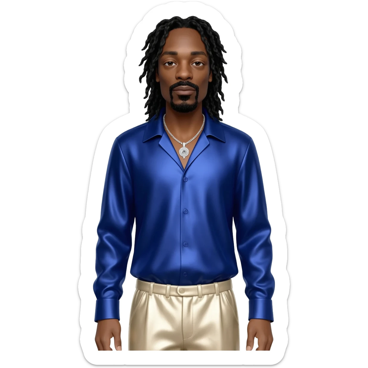 Snoop Dogg with long black hair, indigo metallic shirt, cream metallic baggy pants, silver necklace sticker