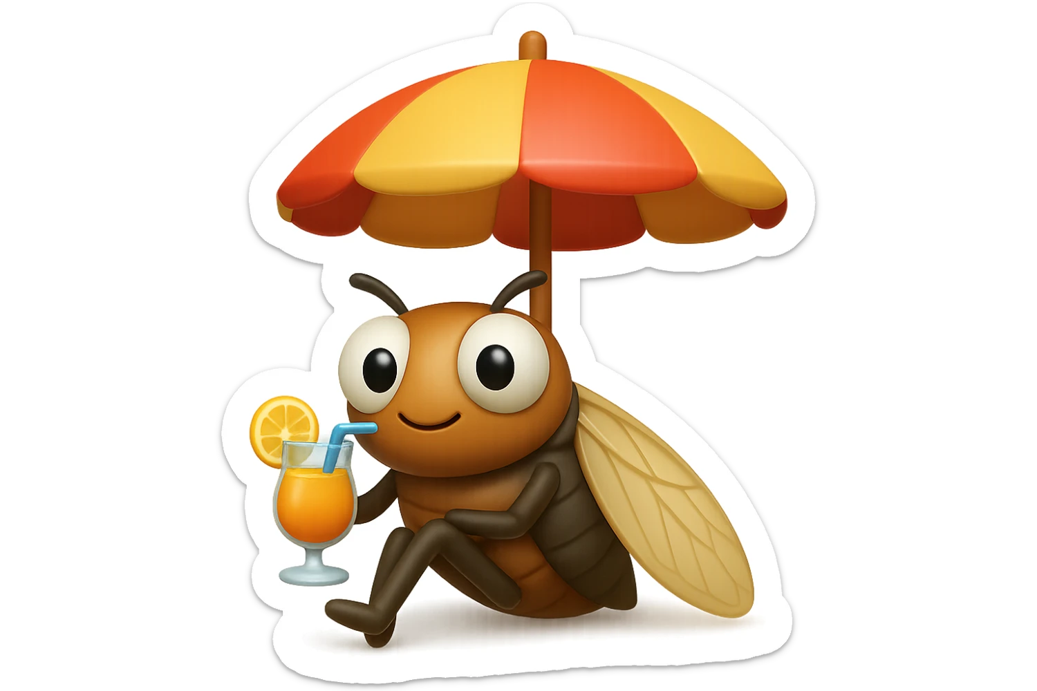 EMOJI STILE IPHONE 3D DI UNA CICALA CHE STA RILASSATA SEDUTA SOTTO L'OMBRELLONE IN SPIAGGIA CON UN COCKTAIL IN MANO, FAGLI GLI OCCHI CON LA PARTE BIANCA, NON SOLO LA PUPILLA sticker