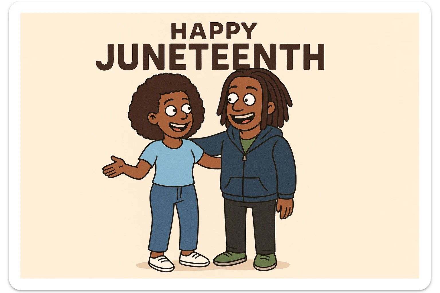 A woman Kinky hair light blue shirt blue jeans white shoes boy Dreadlocks dark brown hair green shuts navy blue zip up hoodie black jeans green shoes Bob Marley Vanessa Nakate Mae Jemison Happy JUNETEENTH sticker