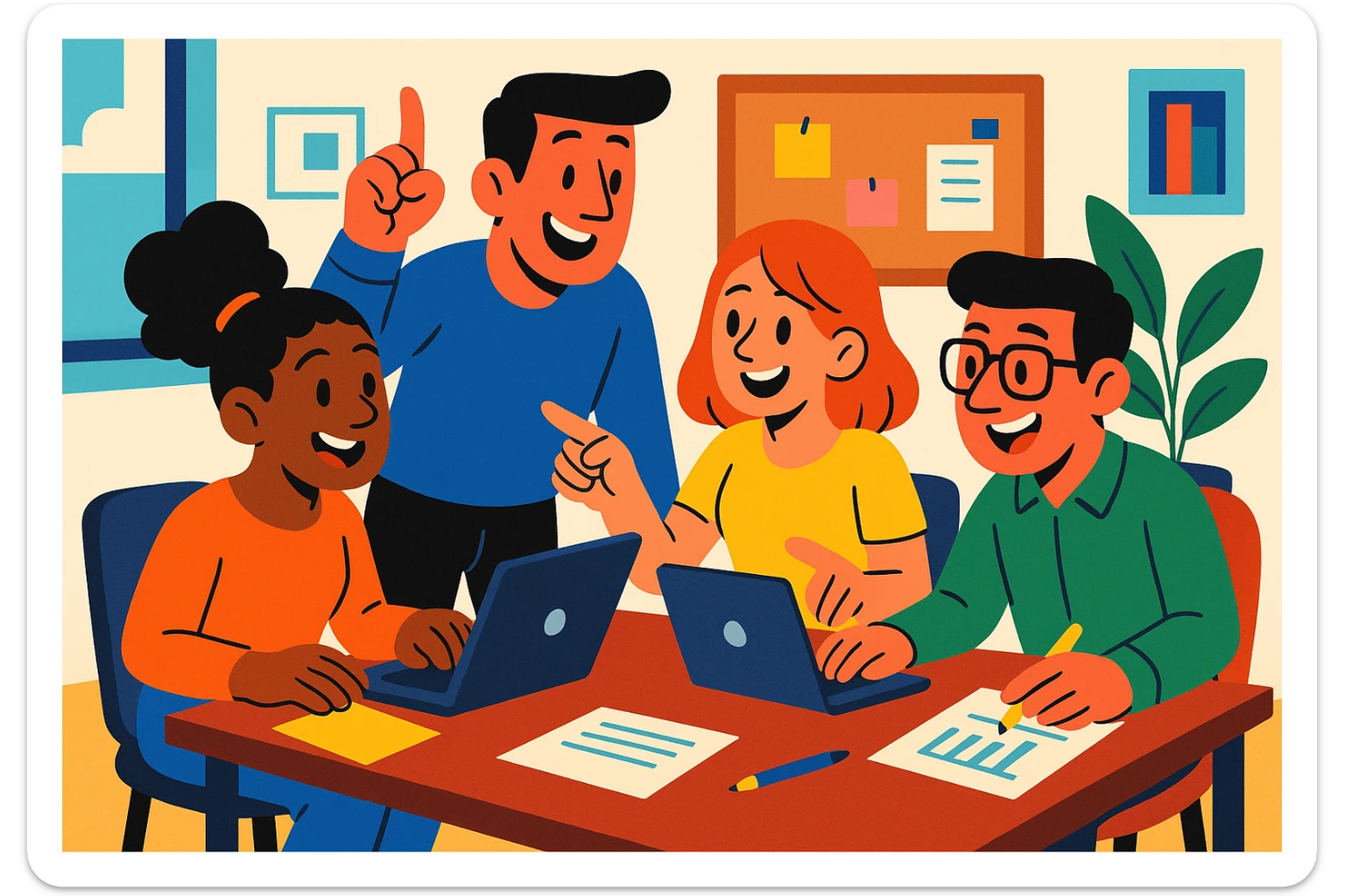 a group of coworkers in an office, working together around a table, vibrant cartoon style sticker