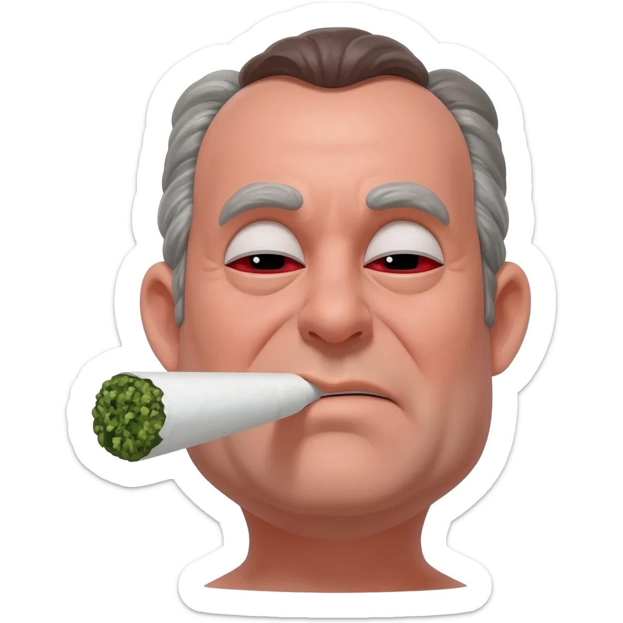 Chubby goofy looking middle aged  white guy with dark brown, but graying hair and bloodshot eyes, Smoking A SUPER HUGE white and green smoking doobie sticker