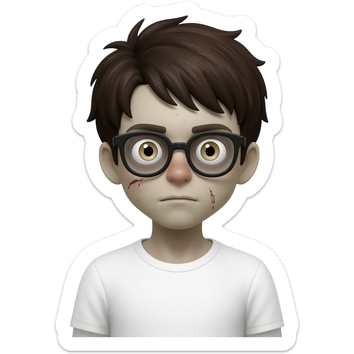 zombie boy with white tshirt and black brownish hair and with black glasses frames on hair is texturized young boy and round face sticker