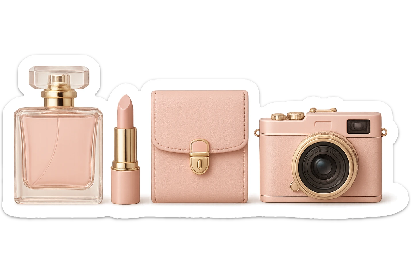 themed pink beauty with pink perfume bottle, pink lipstick, pink wallet, pink camera, all matching, elegant sticker