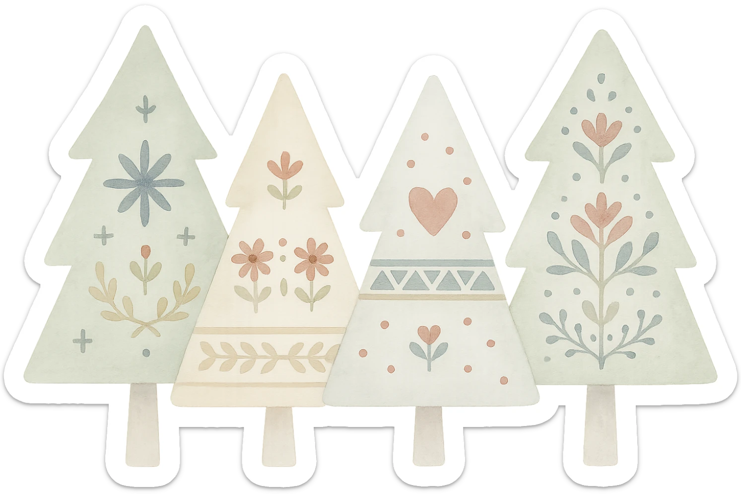 logo style illustration of evergreen trees blending Scandinavian and Slavic folk motifs, neutral color tones, watercolor texture sticker