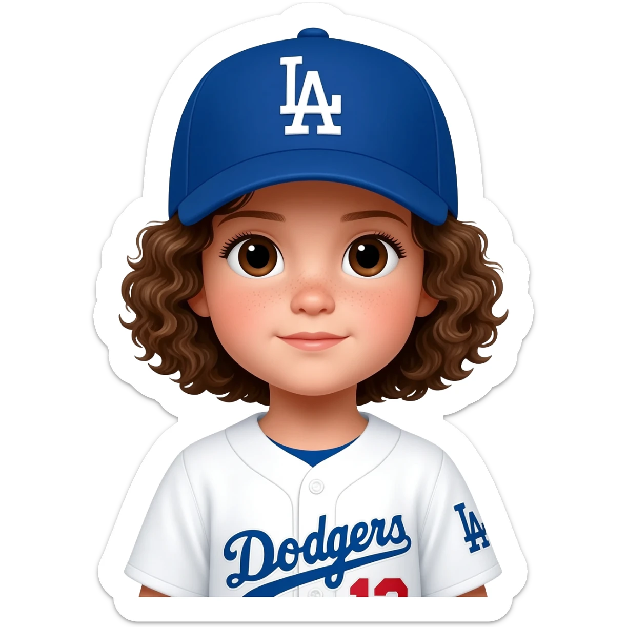 toddler girl in a white dodgers uniform with baseball cap curly brown short hair and dark brown eyes sticker