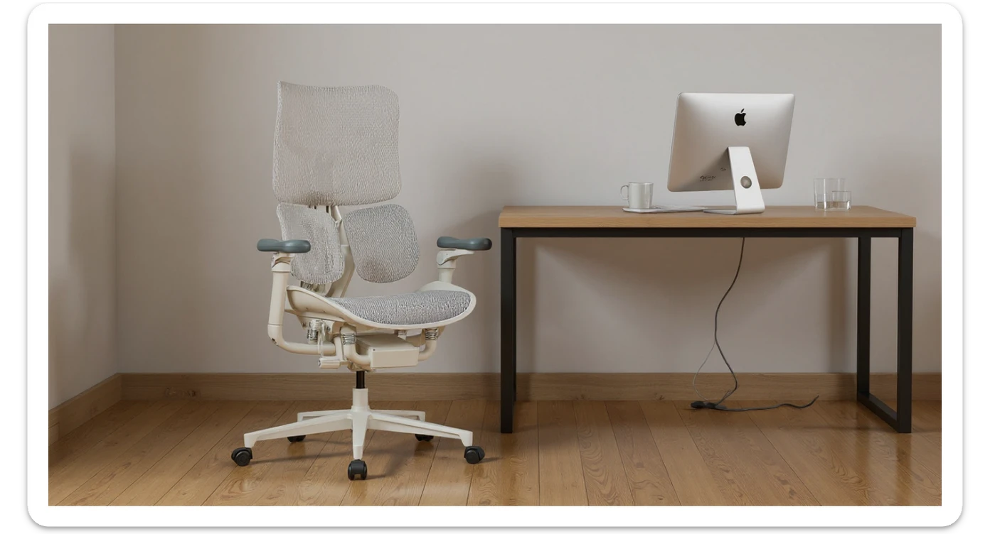 Editorial shot, Make this chair next to desk with mac setup, wooden modern floor, minimalistic room, contrast chair to wall, chair standing front to camera sticker