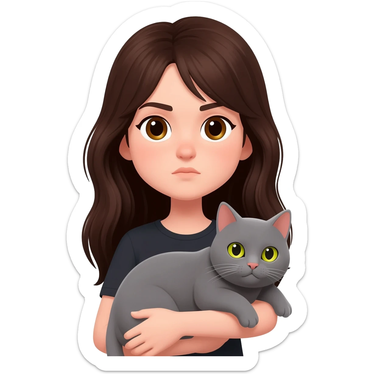 una chica con pelo castaña oscuro largo y ojos marrones con un gato gris de ojos amarillos casi verdes en brazos y los dos serios sticker