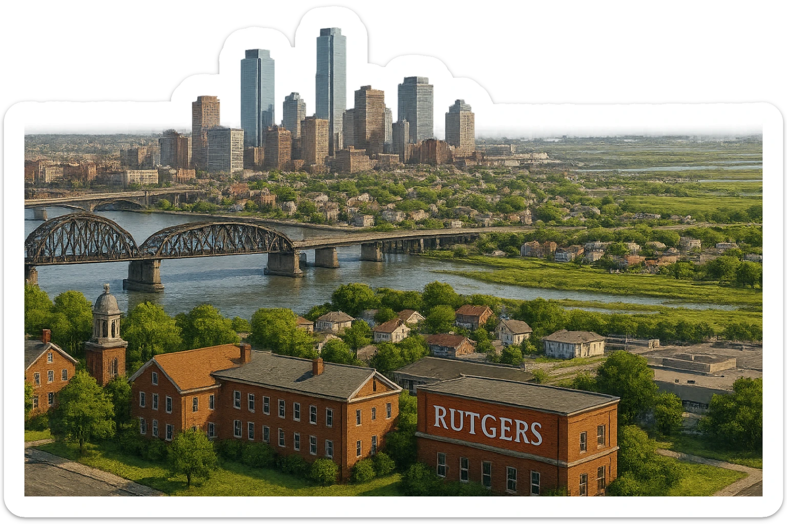 cinematic realistic emoji of Northern New Jersey panoramic cityscape with Rutgers University campus, bridges, skyline, suburban areas, Meadowlands, lifelike detail, accurate colors, bright daylight, no sky, no clouds sticker