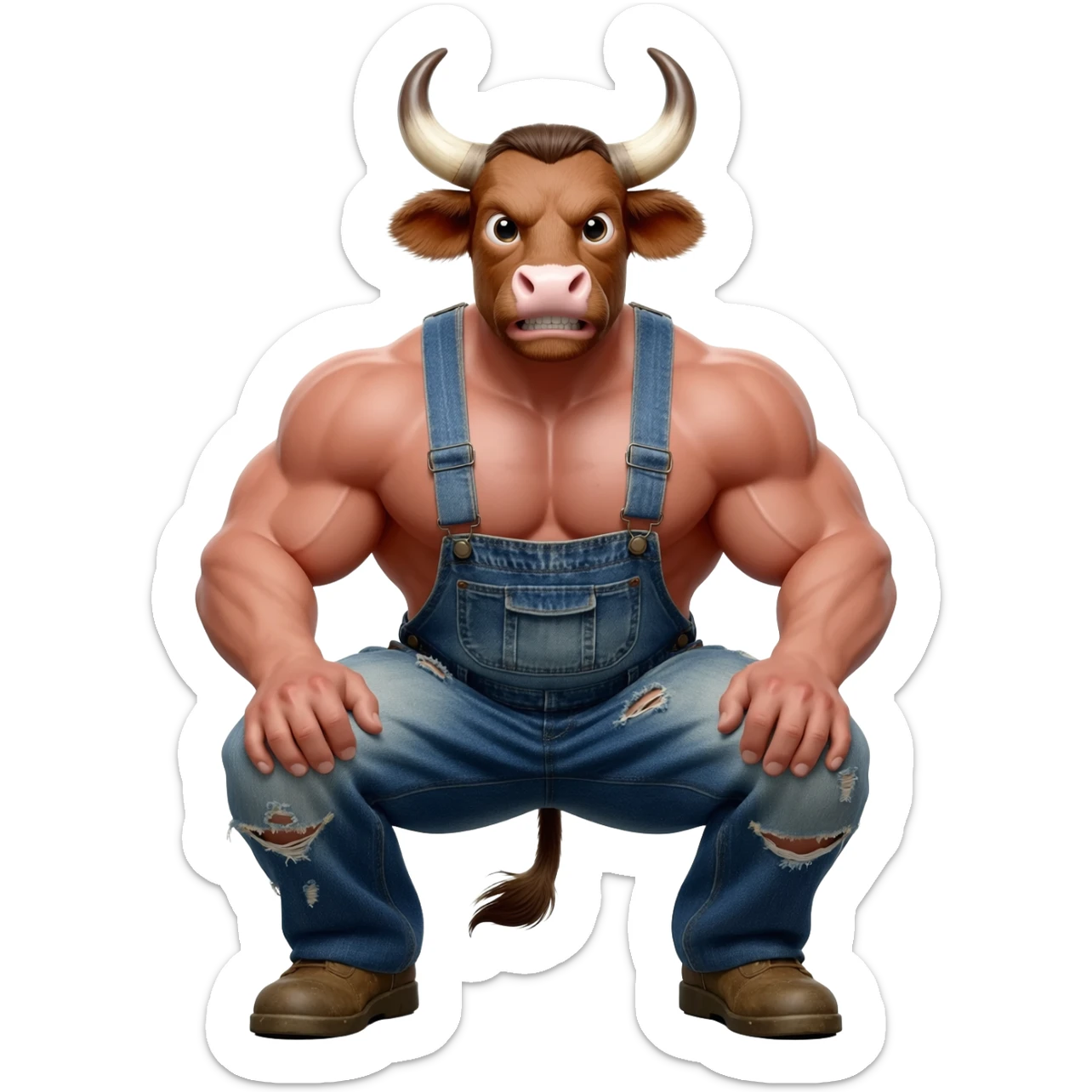 furious sunburnt country handsome extra large muscular man with large breasts with bull horns and cow ears and cow tail dressed in shabby ragged denim overalls squats legs vide open sticker