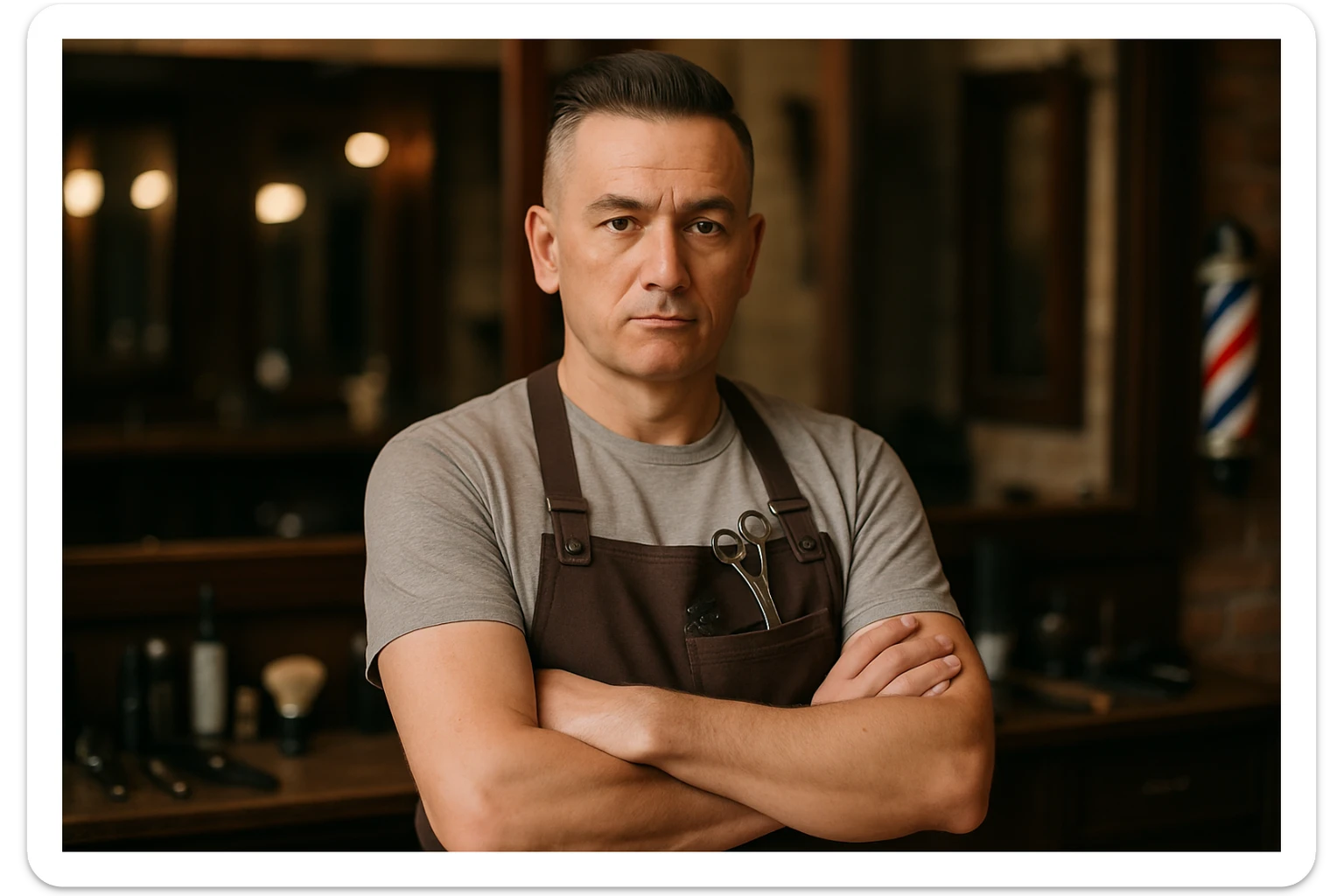 huddi shu odamni qariroq va soqolsiz tasvirlab ber o'zgartirib realistik qilib orqa fon sartaroshxona belidan sal pastroqqacha uzbek sartaroshi juda ham qari emas lekin yosh ham emas sticker