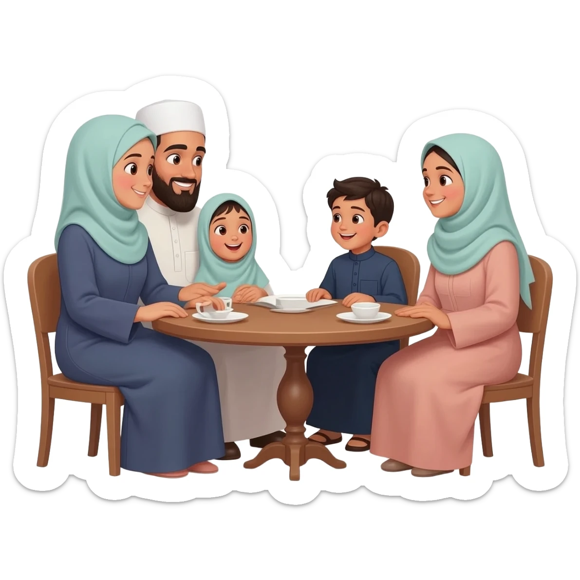 islamic family sitting on table; mother wearing without hijab; father with beard and islamic clothes white cap on head; little girls  hijab and one little boy; kids wearing traditional clothes and talking happily to each other sticker