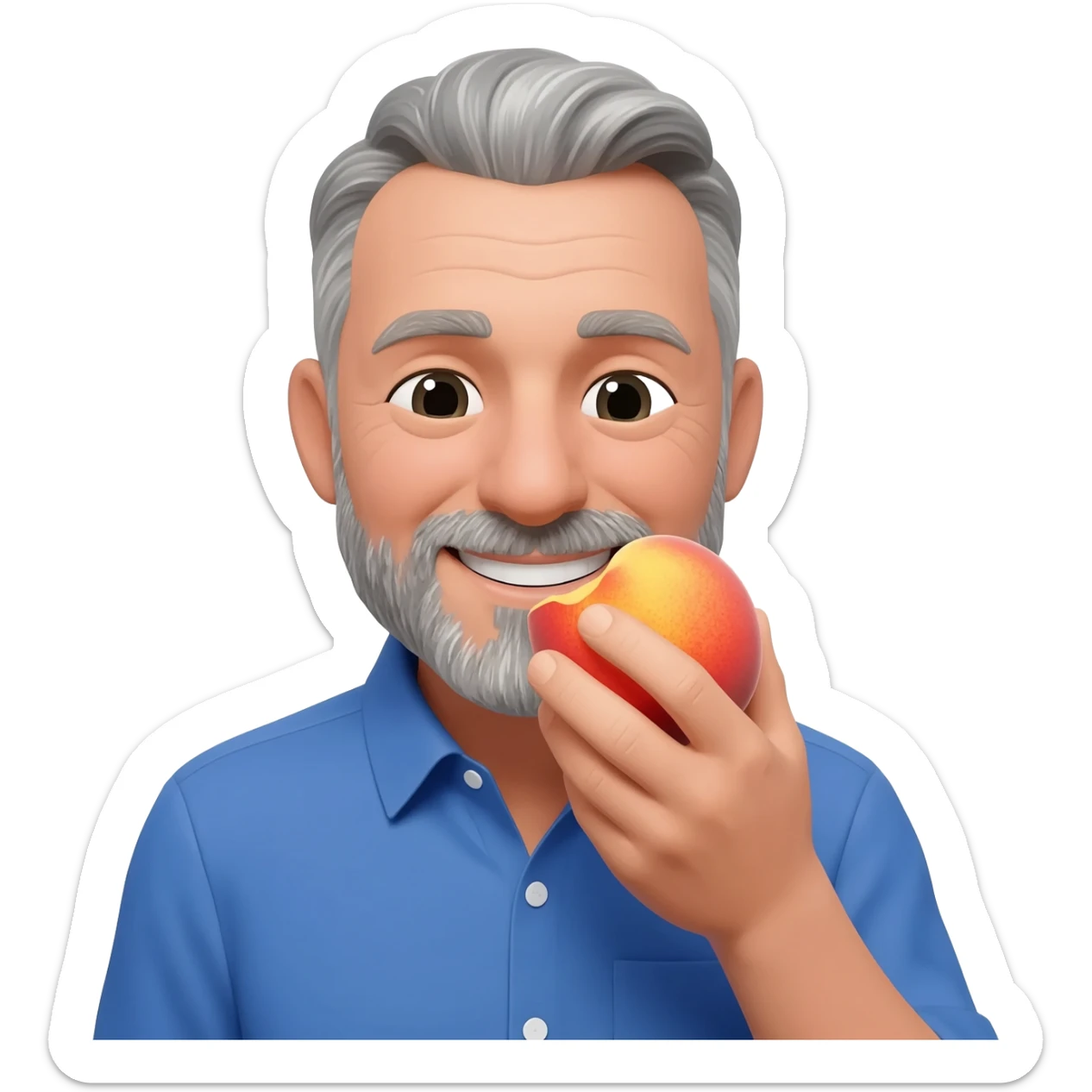 Bald guy with salt and pepper beard sucking on a very juicy peach sticker