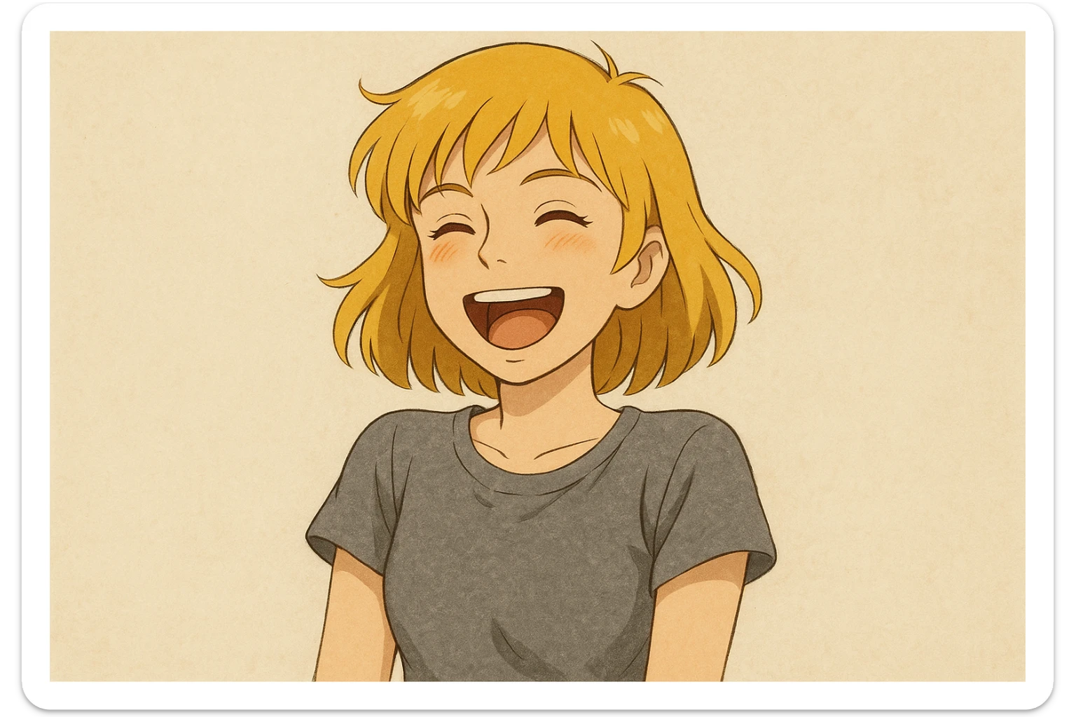 A girl yellow hair brown eyes grey Women's just t's short triblend t-shirt laughing sticker