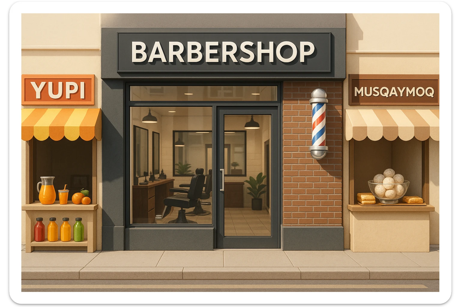 brohouse sartarosh xonasini chizib ber tashqaridan va uning yonida yupi va musqaymoq sotadigan lavkalar bulsin va sartarosh xona sal zamonaviyroq bulsin sticker