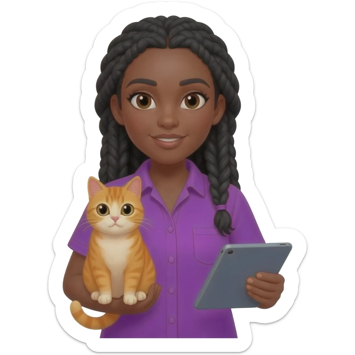 Émoji représentant une femme peau marron avec des longues nattes noires, une belle chemise violette, tenant un chat orange dans une main et une tablette dans l'autre sticker