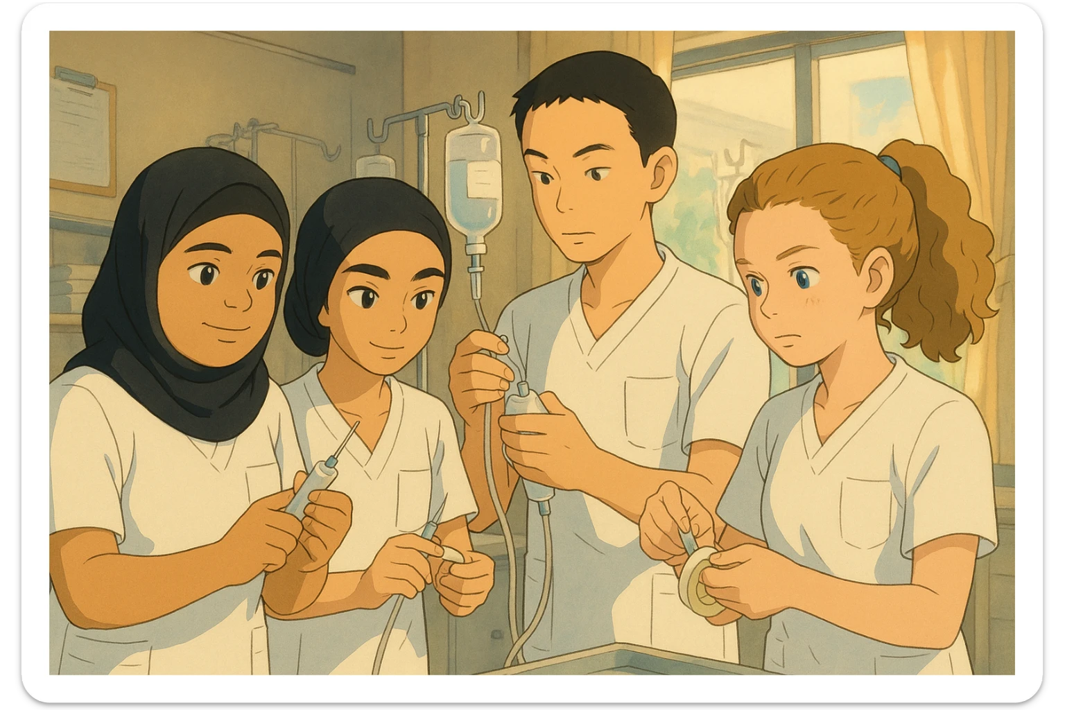 Four nursing students inspired by the photos, in Ghibli style, preparing medical equipment together in a care room. They wear short-sleeved white uniforms with V-neck medical tunics, left chest pocket, no collar stand, no stethoscopes, bare forearms, and long hair tied back for those who have it. The atmosphere is dynamic and professional. sticker