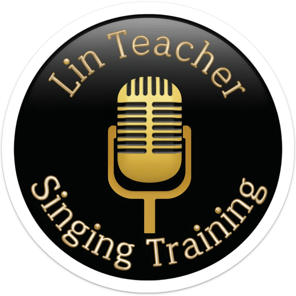 直接帮我生成一款成品推荐组合Logo图 👉 黑金色 👉 圆形徽章 👉 中间复古麦克风 👉 上方「林老师」 👉 下方「歌唱培训」 sticker