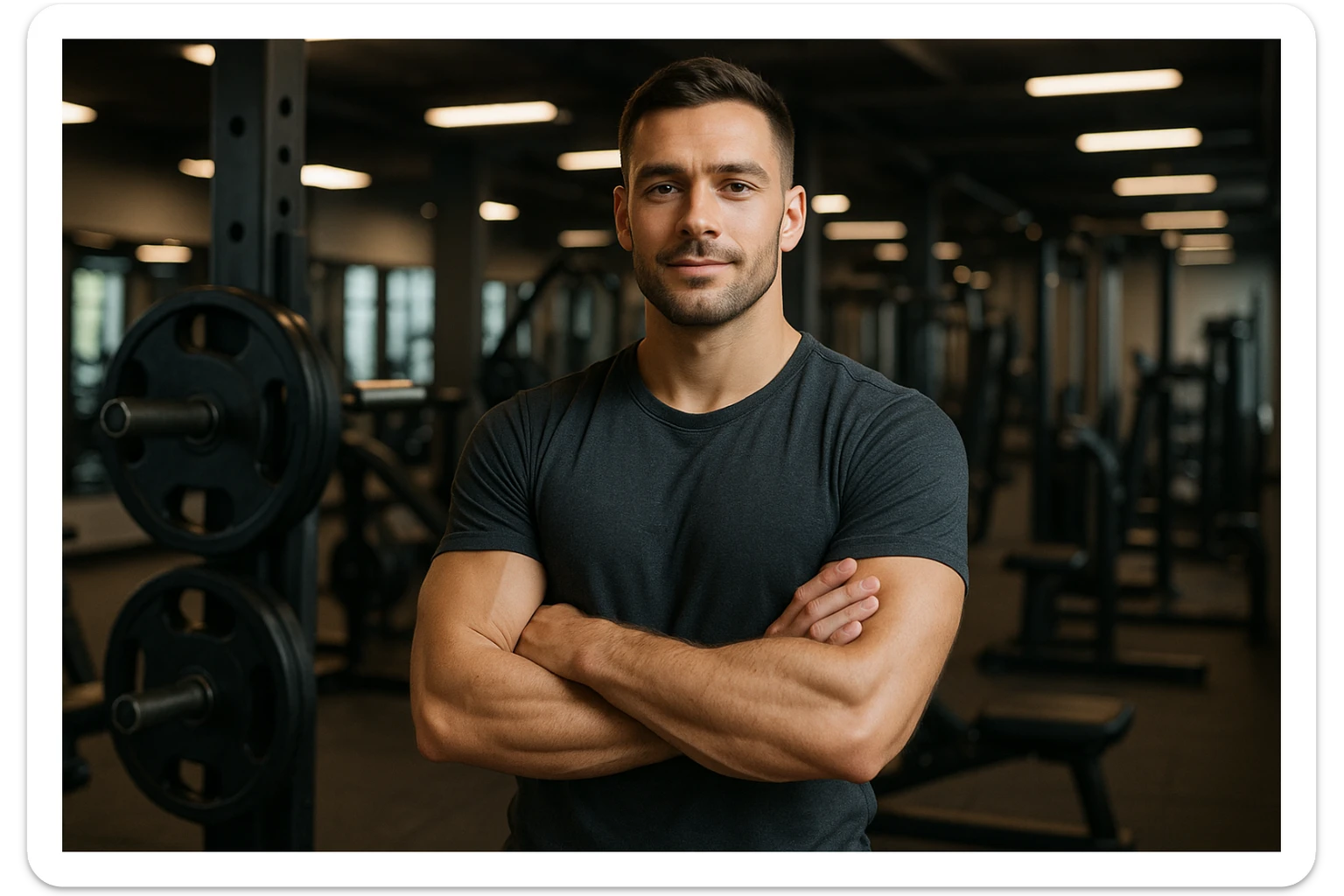 uomo sicuro di sè a braccia conserte, ben allenato e sereno, sullo sfondo una palestra sticker
