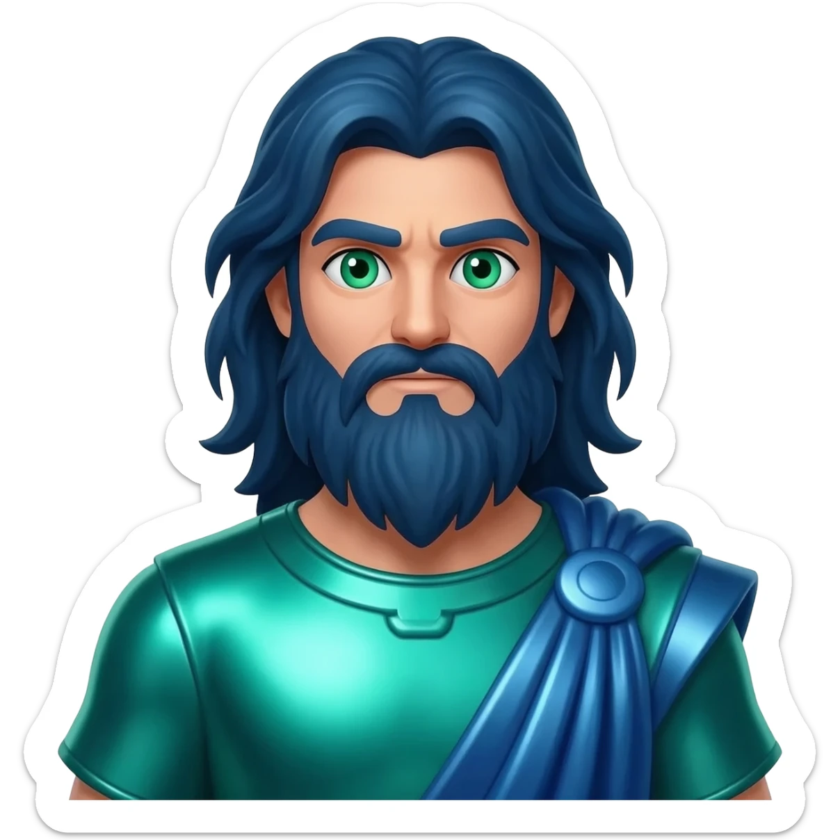 Neptune from Roman Mythology with sea green eyes, long dark blue hair and beard, sea green metallic tunic, blue metallic cloak sticker