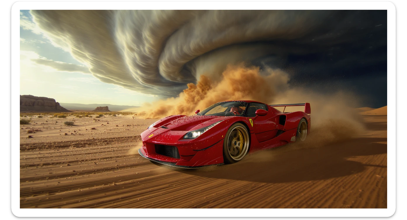 Cinematic still of a ferrari f40 around tornado od arizona desert, sun flare, captured by gopro hero with effect fisheye, water drops on car body, detailed, inspired by interstellar look, captured by a Super-16 sticker