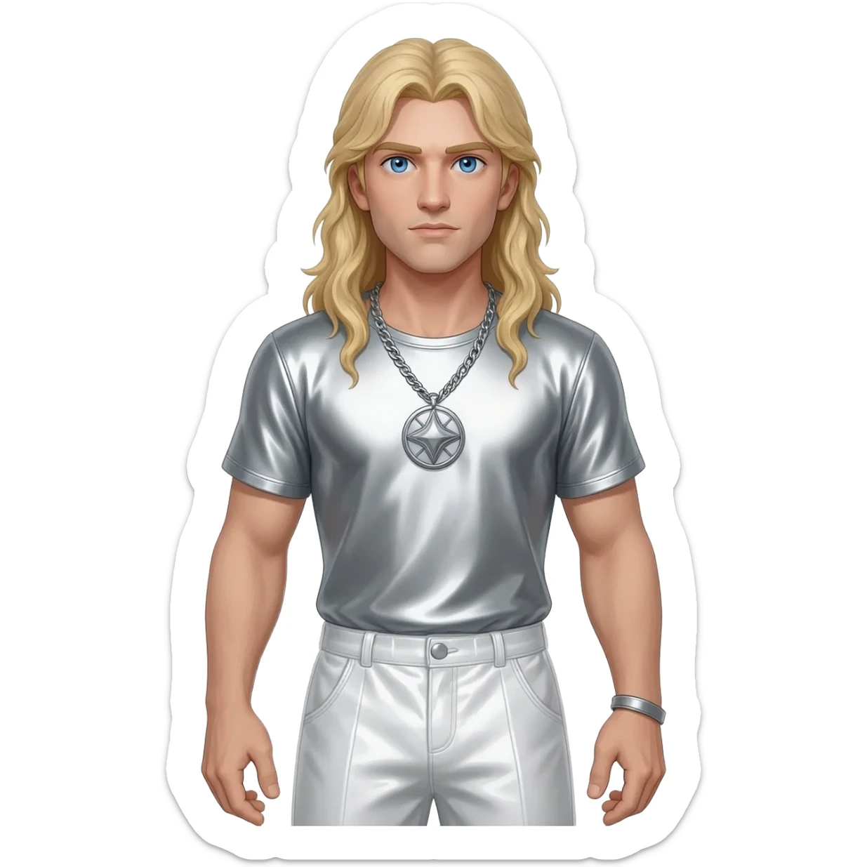Baldr from Norse Mythology with blue eyes, long blonde hair, silver metallic shirt, white metallic baggy pants, silver necklace sticker
