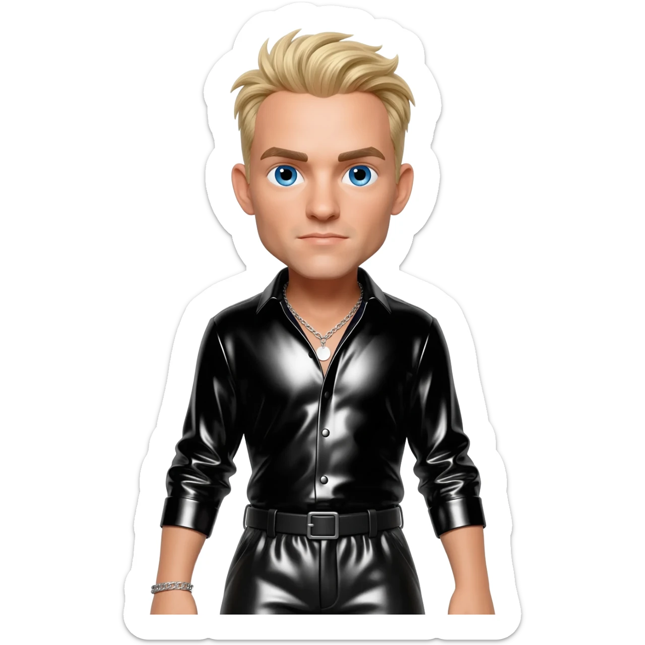 Brian McFadden from Westlife with blue eyes, blonde hair, black metallic shirt, black metallic baggy pants, silver necklace sticker