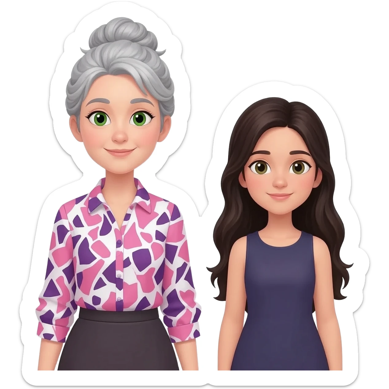 MUJER MAESTRA, PELO GRIS, MOÑO INFORMAL DESPEINADO, OJOS VERDES CARA OVALADA Y BABI DE MAESTRA CUADROS ROSAS/GRANATE/BLANCOS CON NIÑA MORENA PELO LARGO sticker