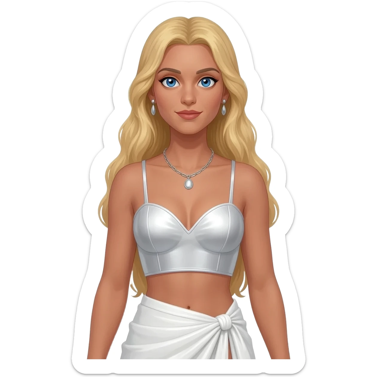 Desdemona from Othello with blue eyes, long blonde hair, white metallic sweetheart crop top, white metallic wrap long skirt, silver necklace and earrings sticker