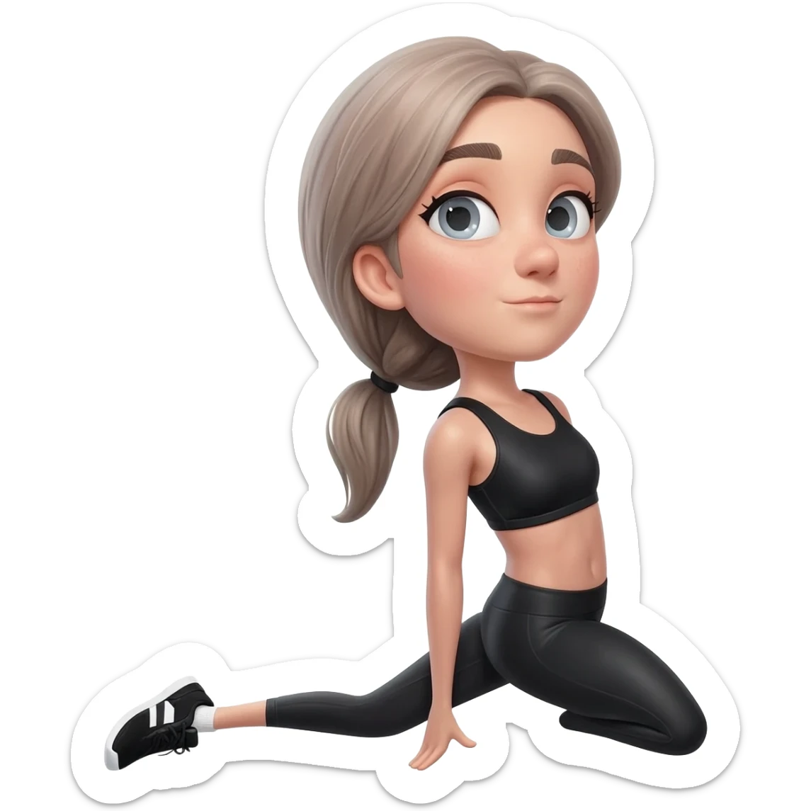 morning stretch with both arms overhead, fair-skinned woman, gray-blue eyes, ash brown brows, ash light brown hair tied back, slim athletic body, black workout set, black sneakers with white soles sticker