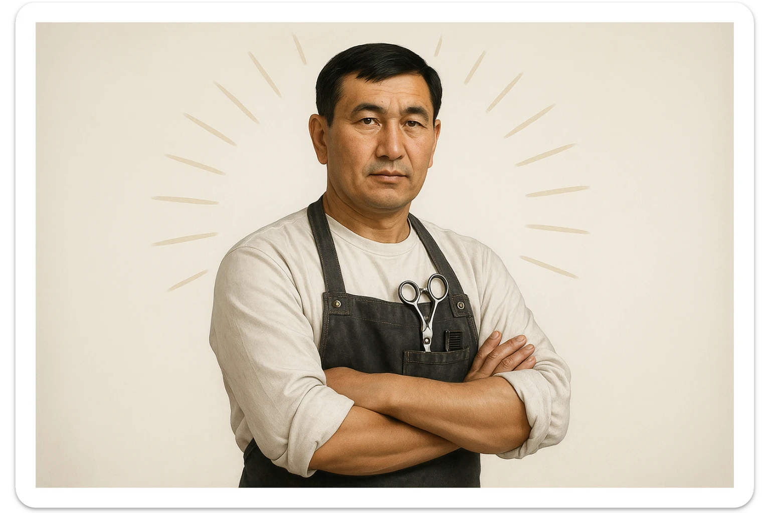 shu pozada turgan sartaroshni tuzib ber uzbek bo'lsin realistik janrda soch turmagi oddiy soqol shart emas sticker