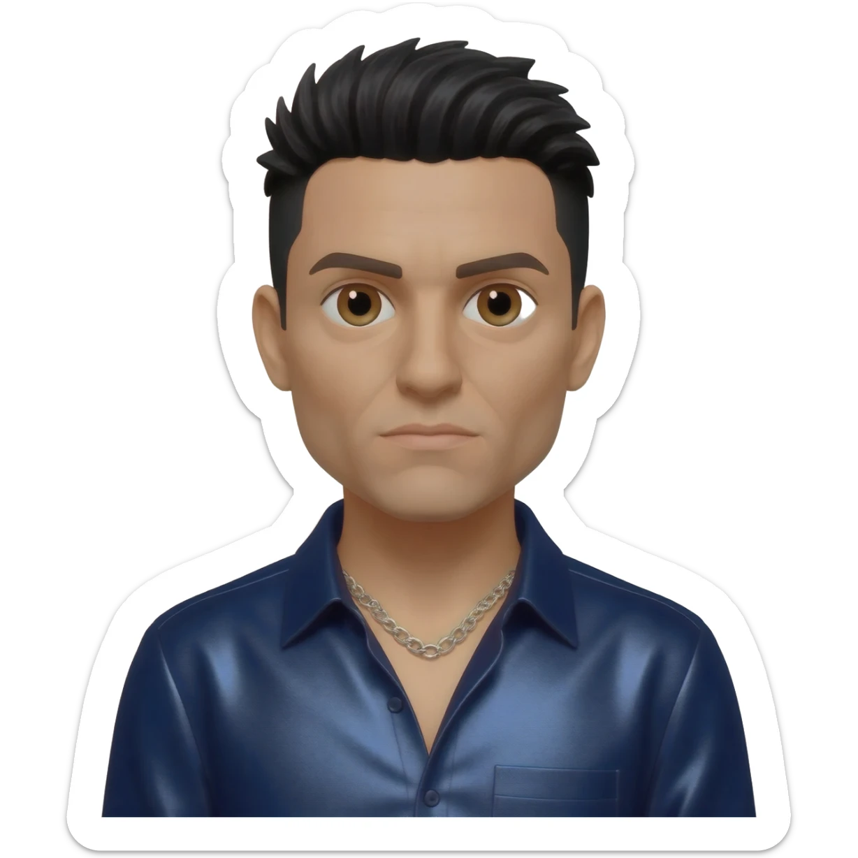 Chino Moreno with brown eyes, black hair, navy blue metallic shirt, silver necklace sticker