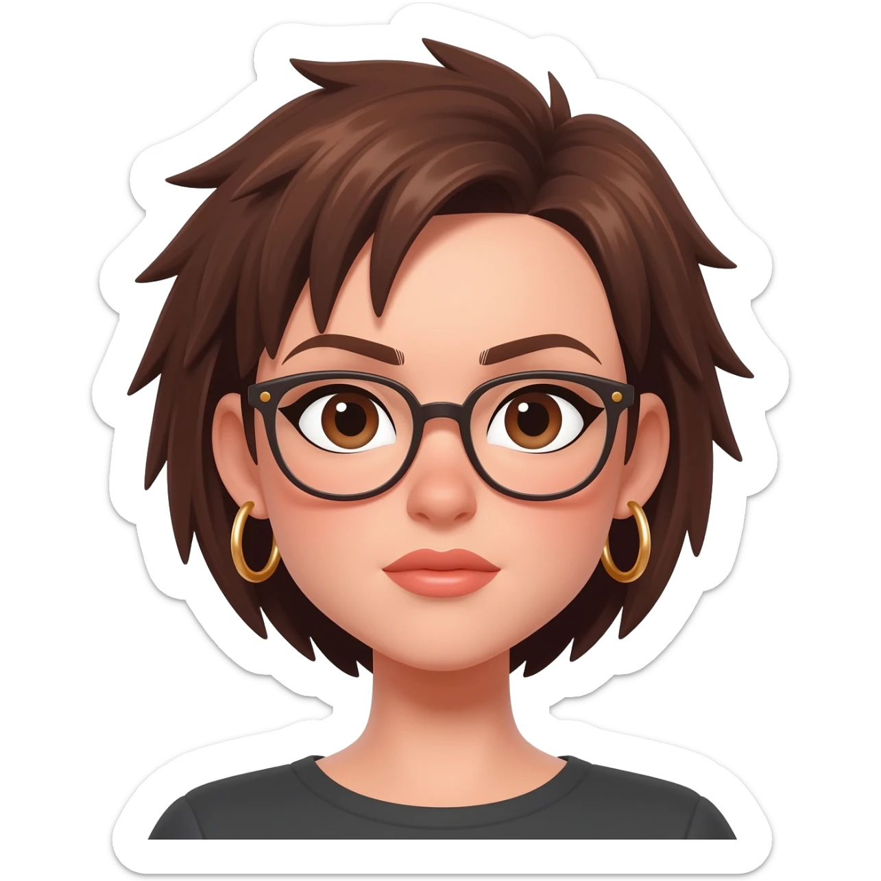 Female very very short brown hair few spikes gold hoop  earrings brown eyes glasses full lips sticker