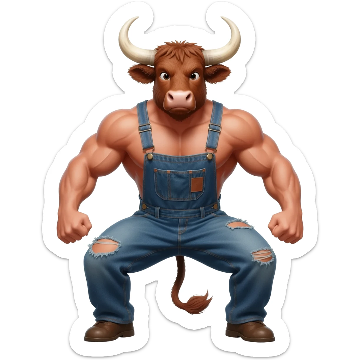 furious sunburnt country handsome extra large muscular man with large breasts with bull horns and cow ears and cow tail dressed in shabby ragged denim overalls squats legs vide open sticker