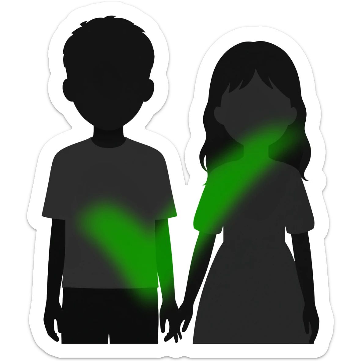 silhouette of a boy and gir from the front without colour with a green check mark sticker