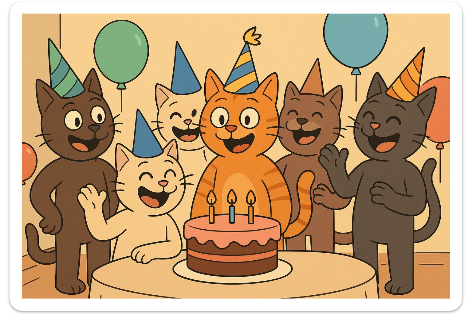 six guy cats at a birthday party, wearing party hats, balloons and cake, cheerful, vibrant, cartoon style sticker