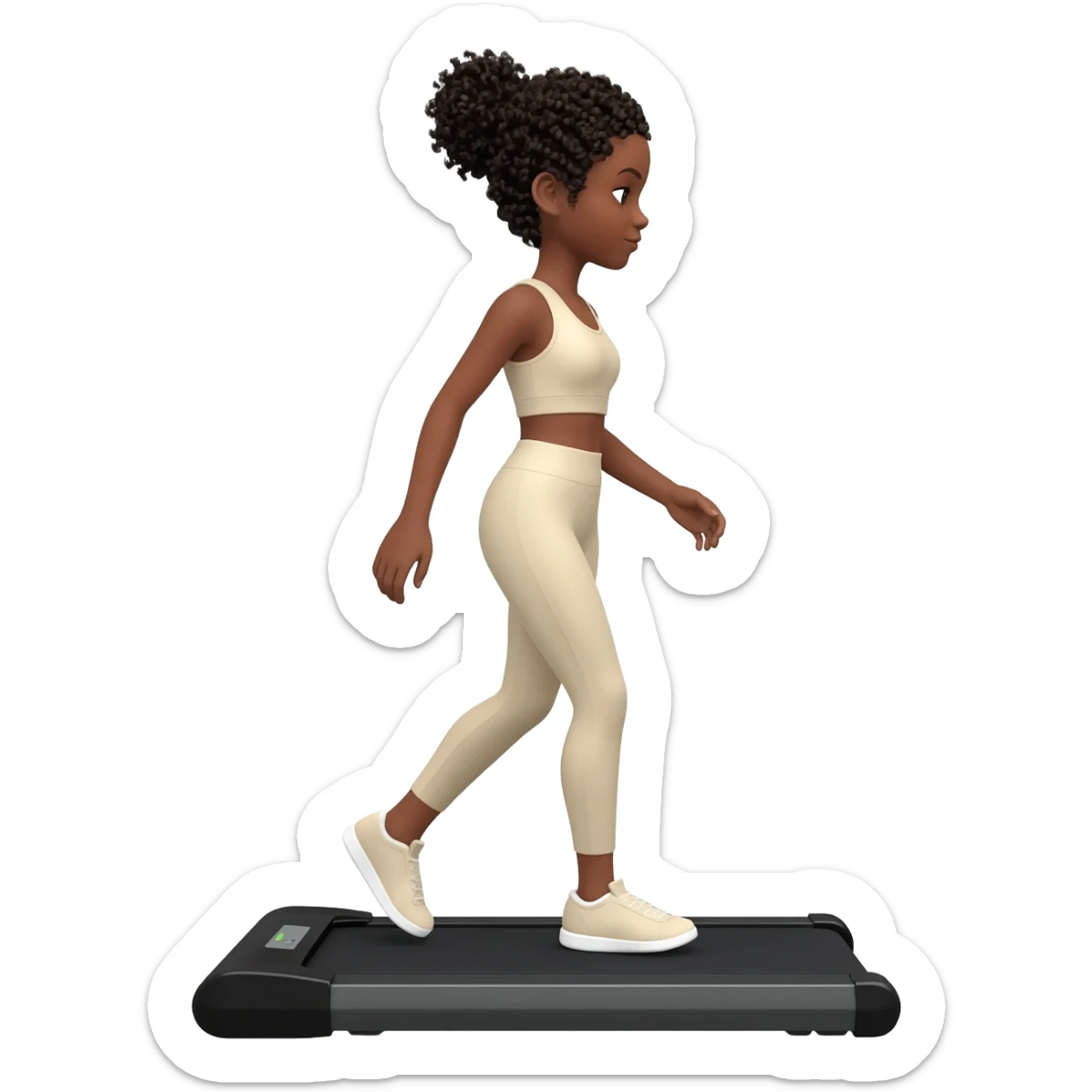 African American girl messy bun walking on walking pad cream gym outfit sticker