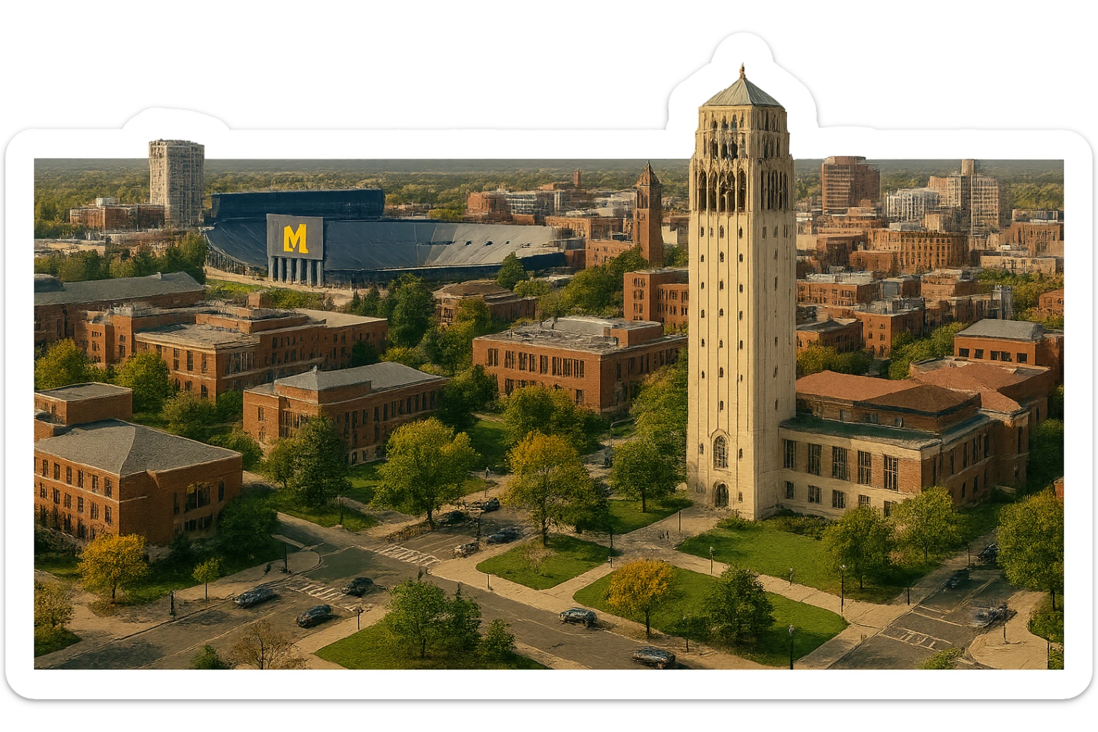 cinematic realistic emoji of Ann Arbor, Michigan, city view with University of Michigan campus, Michigan Stadium, Burton Memorial Tower, and downtown Ann Arbor, lifelike detail, accurate colors, bright daytime, no sky, no clouds sticker