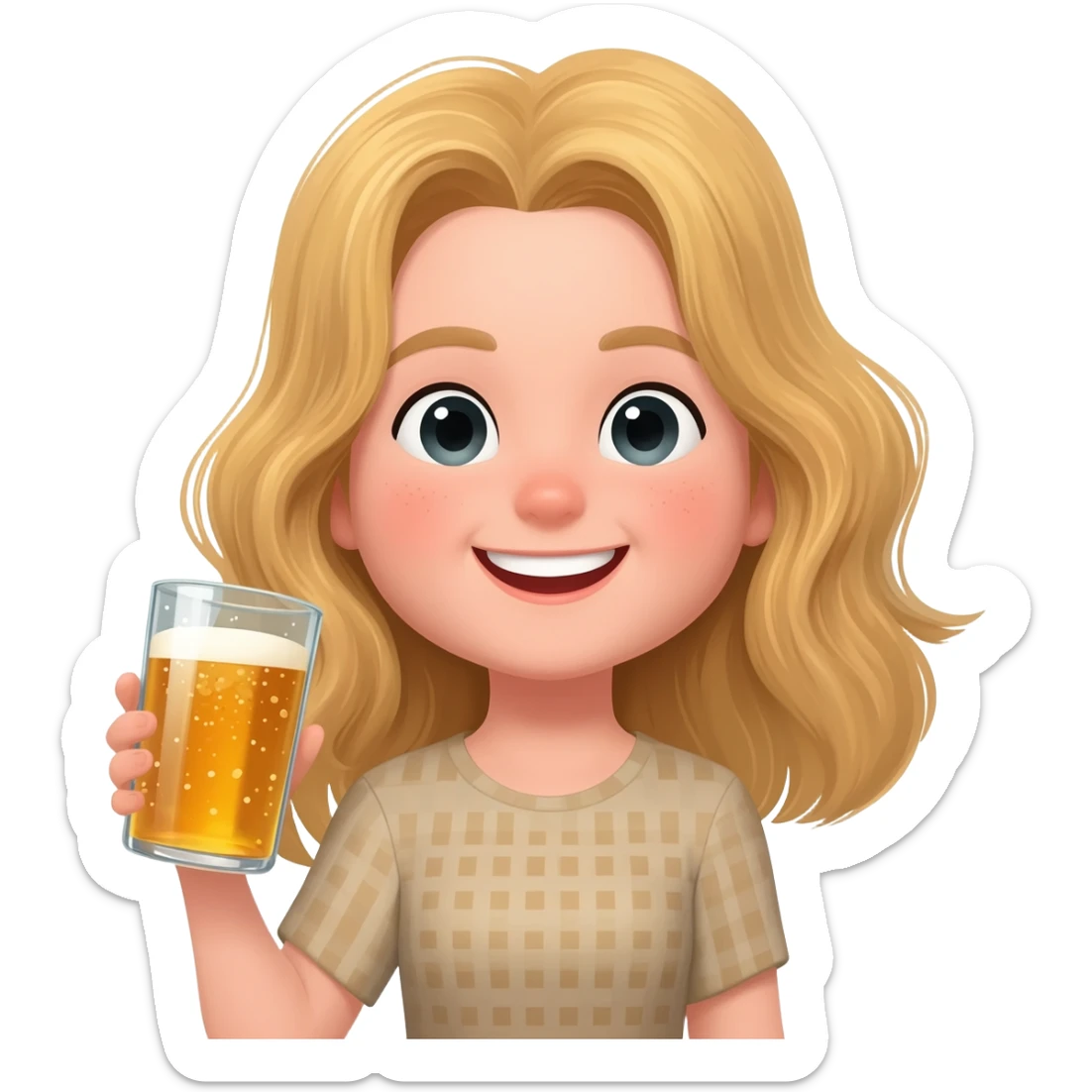 Happy girl, blond girl, party vibe with a cider sticker