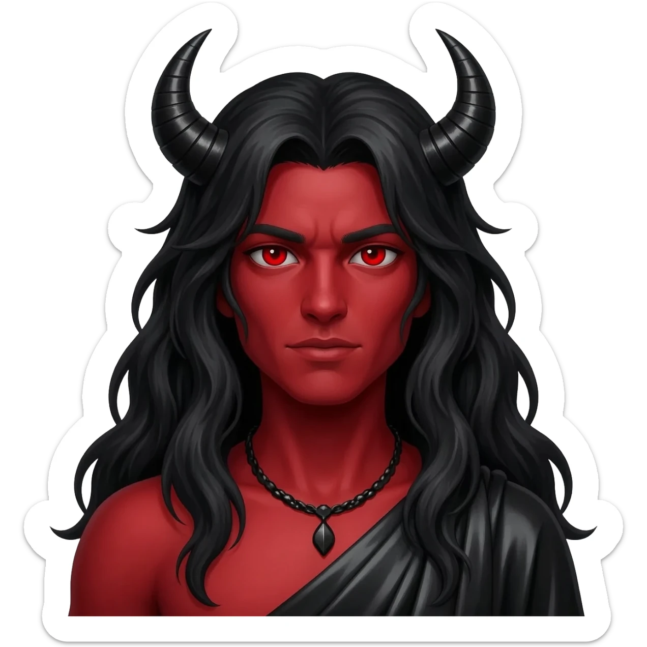 Satan from Christian Mythology with red skin, red eyes, long black hair, black metallic toga, black necklace sticker