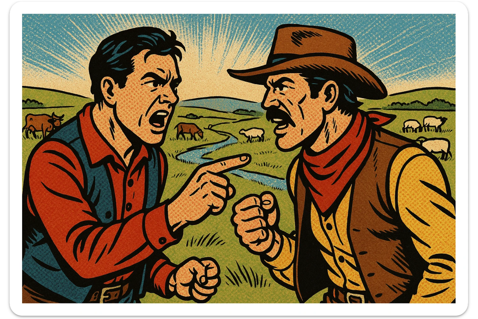 A homesteader having an argument with a cattle rancher cowboy in the grasslands of the American West in the 1870s. There are cattle and sheep grazing in the background with a small stream running through the land. sticker