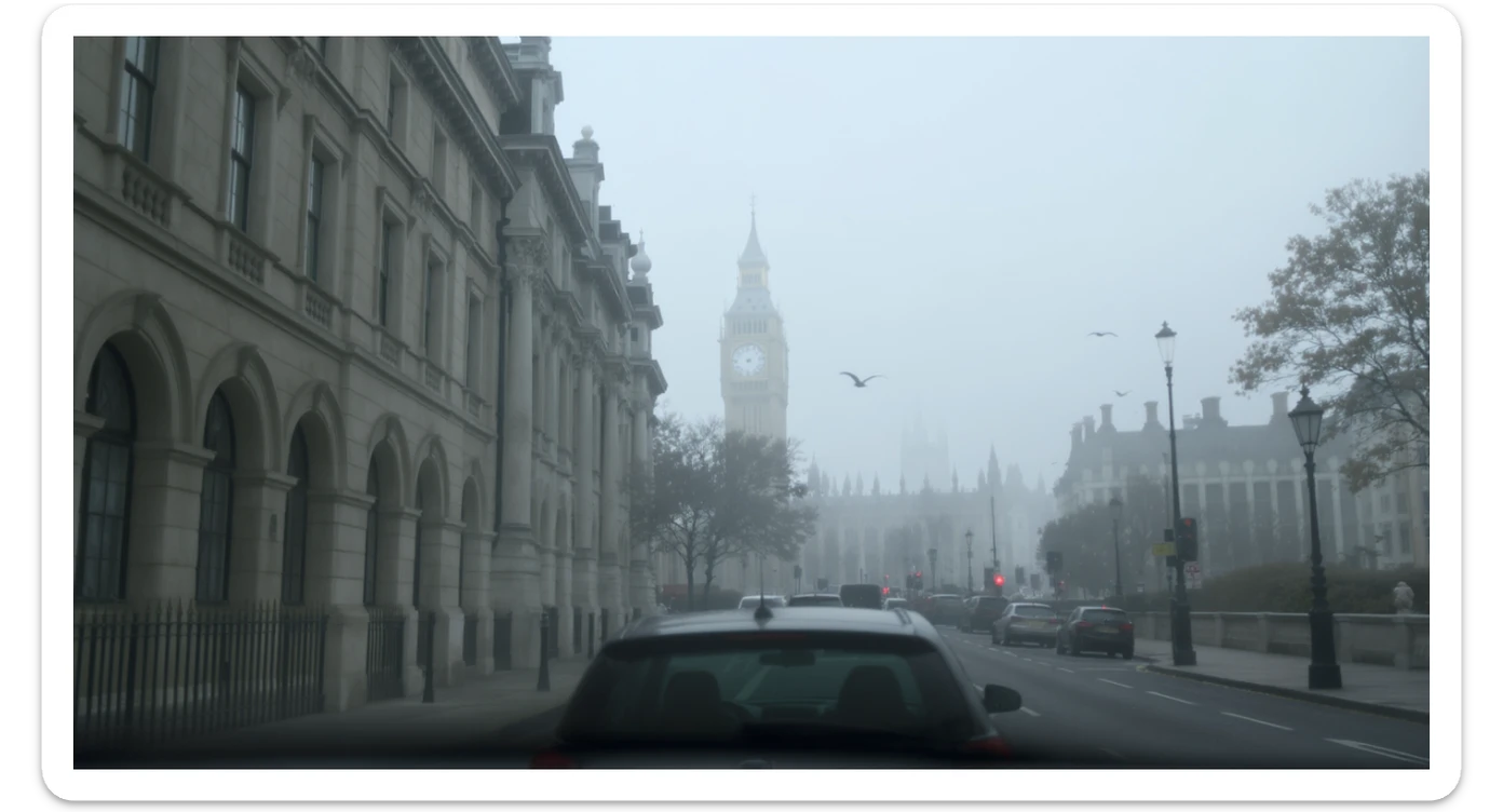 Cinematic shot of a london street, cloudy foggy day, soft light, leading lines to big ben in distance, multi composition, in foreground blurred car, on second street around UK bulding, od another plan in distance big ben, birds flying, artistic look, captured on arri alexa 35, triadal composition sticker