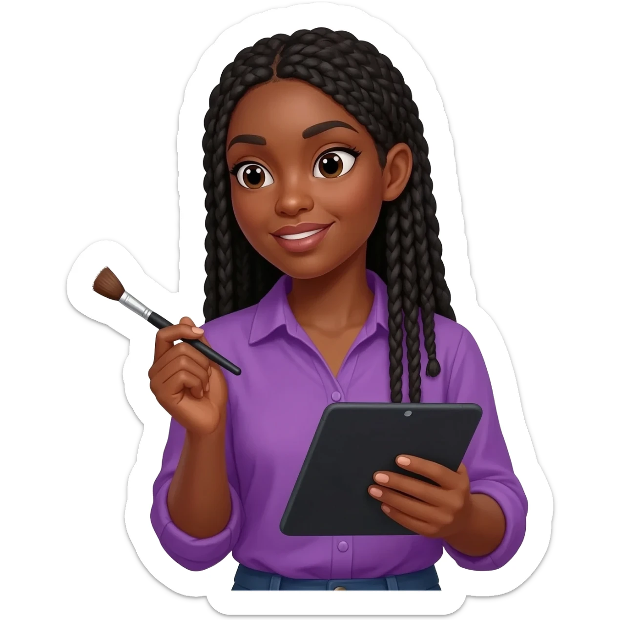 Emoji représentant une femme à la peau marron avec de longues braids noires et portant une belle chemise violette, tenant une tablette graphique dans une main et un pinceau dans l’autre sticker