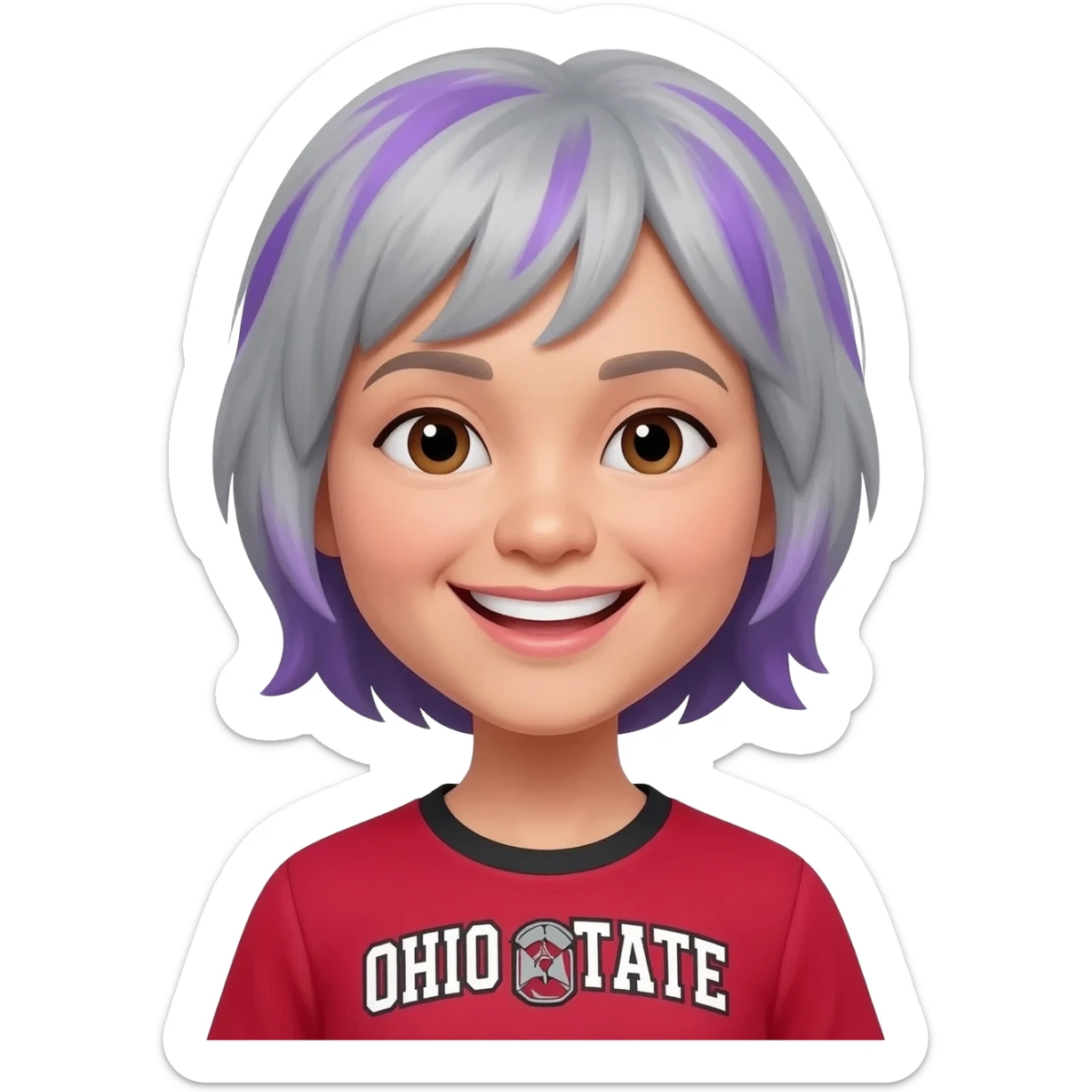 Asian Jewish woman with unique gray and purple hair wearing Ohio state shirt happy birthday sticker